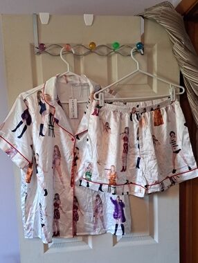 Designer Print Taylor Swift Satin Pajama Set - White with Multi-Figure Print NWT
